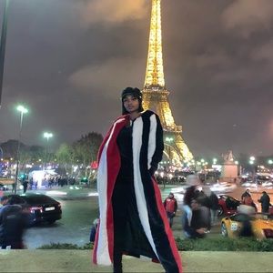 Red, Black/Navy, white fur coat. Long faux fur